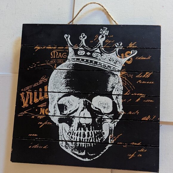 NWT Black Wood Skull Sign Gothic Skeleton Retro Halloween Rustic Home Wall Decor - Picture 2 of 5